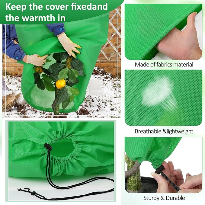 12 Packs Winter Plant Covers Freeze Protection Drawstring Tree Cover 23.62 x 31.5 in Large Reusable Frost Protection for Plants Fruit Tree Shrub, Outdoor Prevention Bag(Dark Green)