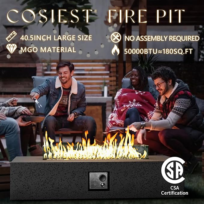 COSIEST 56-inch x 28-inch Outdoor Propane Fire Pit Coffee Table w Concrete Rectangle Base, CSA Certified, 50,000 BTU, Free Lava Rocks and RainCover, Fits 20lb Tank Outside, Wind Guard, Gray