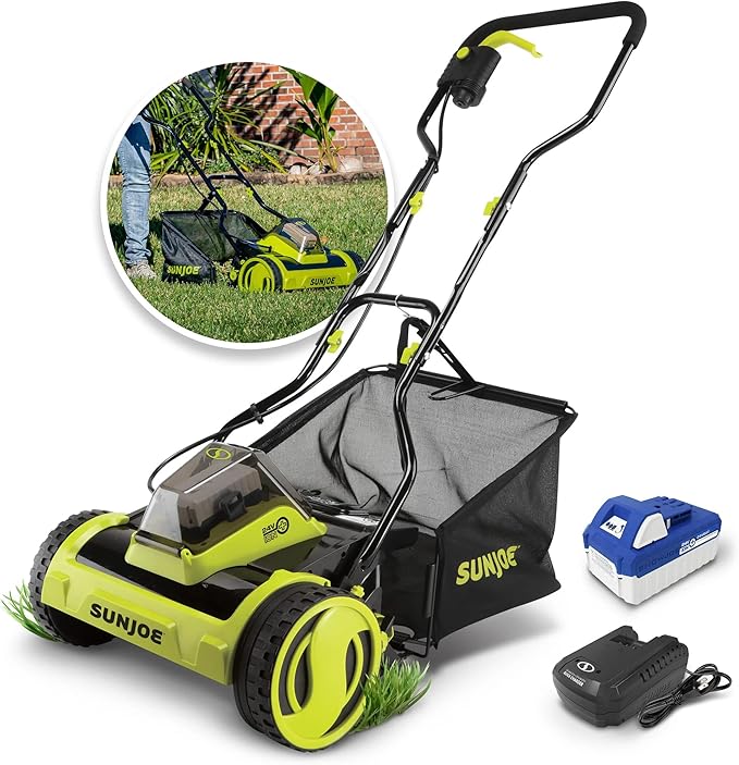 Sun Joe Cordless Push Reel Lawn Mower, 15” Yard Trimmer w/ 11.9-Gal Bag, 24V, Black/Green - Heavy-Duty Gardening Machine and Equipment for Grass, Backyard, Garden, and Patio