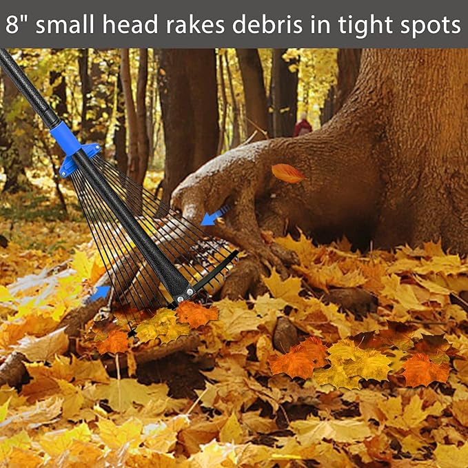 Metal Rake for Leaves Heavy Duty, Adjustable Garden Leaf Rake with Expandable Head 8-17", Shrub Pine Needle Kids Hand Yard Rake Garden Tool 30-70"