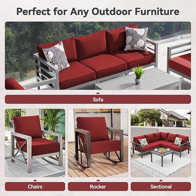 Luxury 6" Outdoor Cushions for Patio Furniture, 24x24x6 Thick Seat Cushion Set of 4, Fade Resistant Couch Chair Replacement Cushions High Density Deep Wicker Chair Cushion w/Removable Cover, Red
