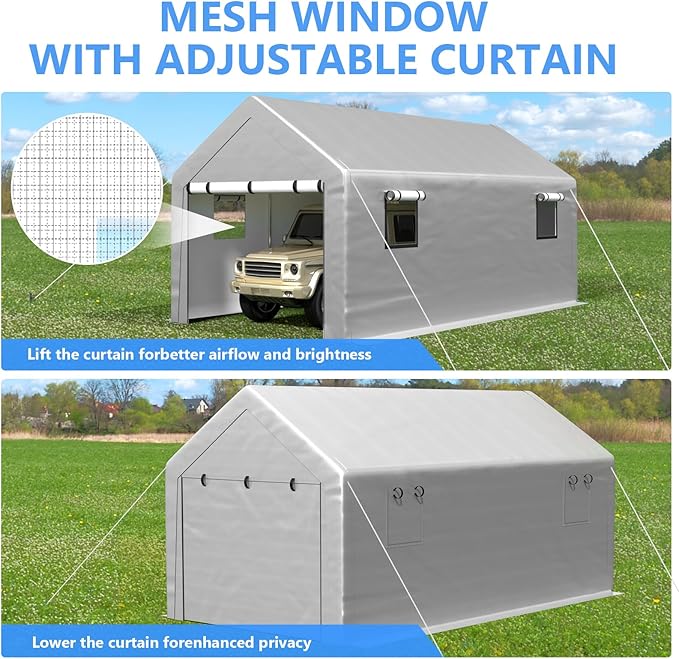 Carport 10x20 ft Heavy Duty with Roll-up Windows, Portable Garage with Removable Sidewalls & Doors, Car Canopy with Sandbags All-Season Tarp for Car Boat Truck Motorcycle