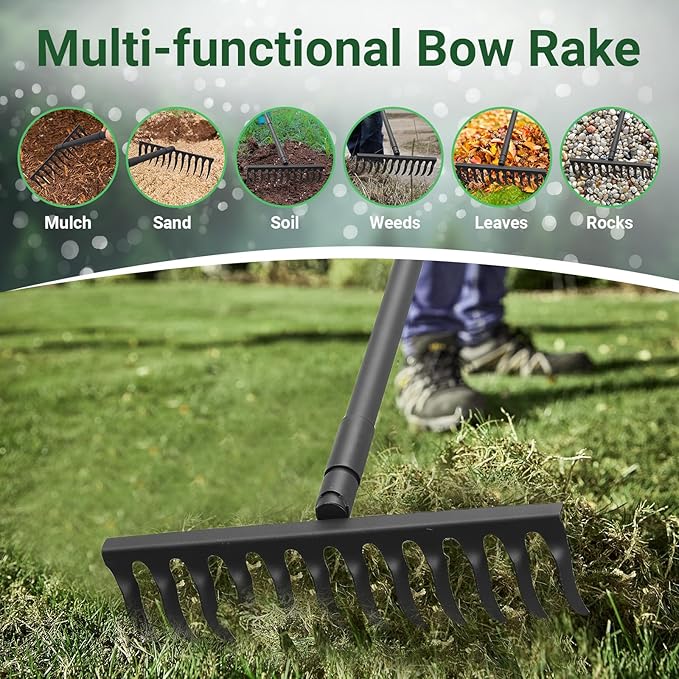 Garden Metal Bow Rake with 60 Inch Long Adjustable Handle,17 Inch Wide Heavy Duty Yard Thatch Rock Rakes for Gardening, Lawn Leveling, Loosening Soil, Gathering Grass, Gravel, Mulch, Leaves