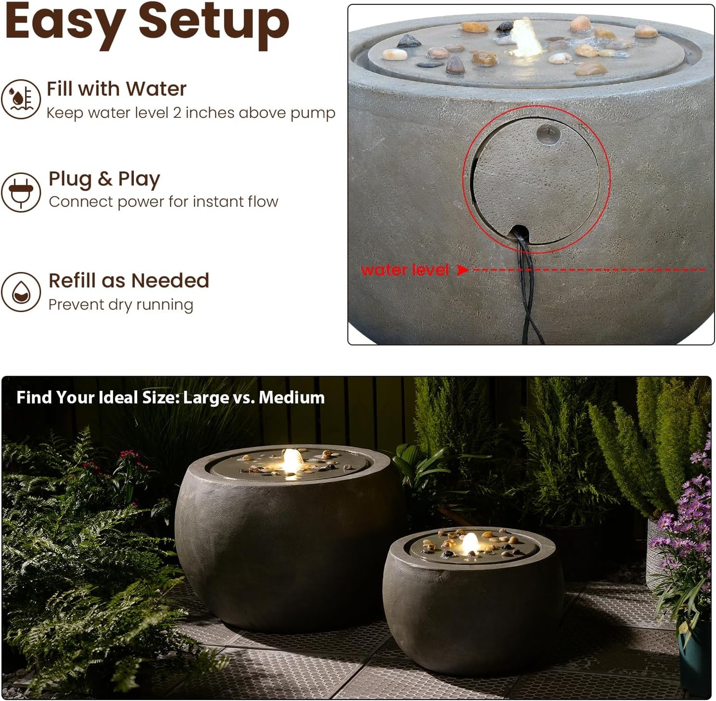 Garden Water Fountain Outdoor Large Round Bubbler Water Feature Indoor with Lights & Pump and Pebbles Concrete Effect for Patio Pool Pond Yard Home Decor Gray, 25 "L X 25" W X 17.5" H