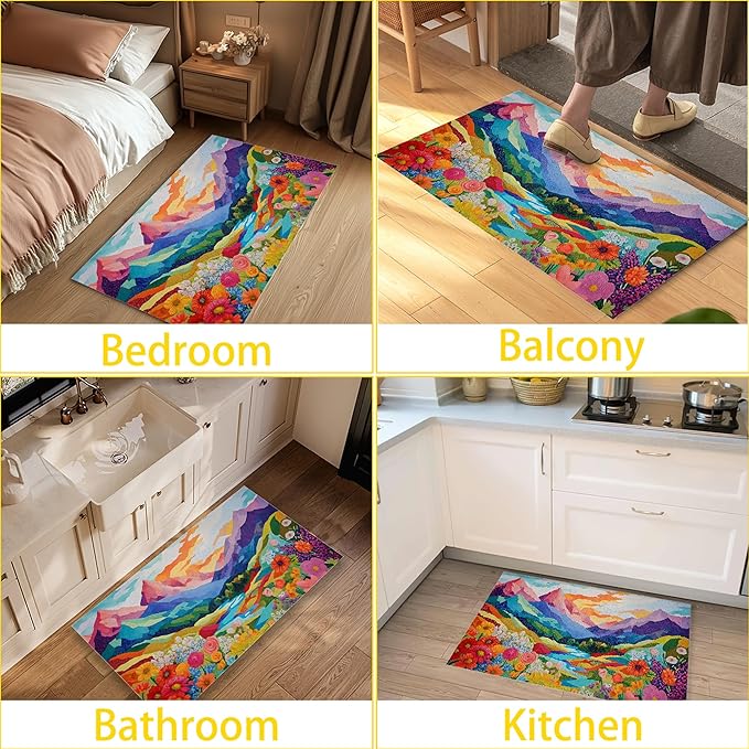 Colorful Mountain Flowers Indoor Outdoor Rugs,Modern Abstract Doormat Outside Entrance,Non-Slip Welcome Mat Indoor Felt Floor Mat for Back Door Patio, Porch,Home Entryway,30 x 17 Inch