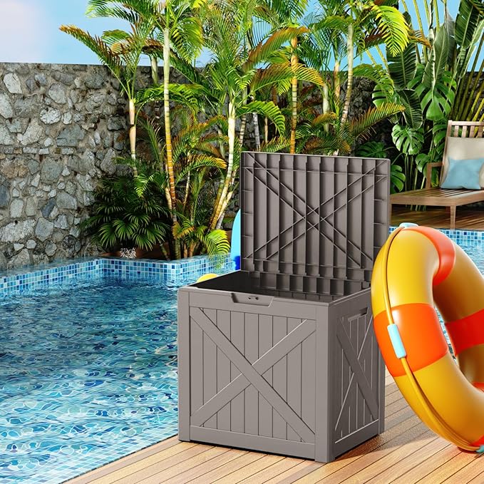 32 Gallon Deck Box,Resin Outdoor Storage Box with Lockable for Patio Furniture, Pool Accessories, Garden Tools, Waterproof Outside Storage Box, Grey