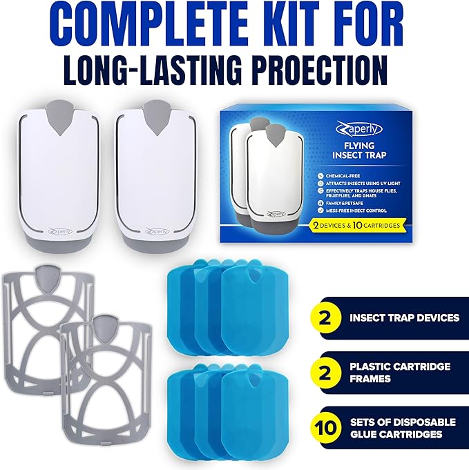 2 Fruit Fly Traps & 10 Adhesive Cartridges, Indoor Plug-in Bug Catcher, UV Light Fly Trap Captures Fruit Flies, Gnats, Houseflies, Moths, and Flying Insects for Kitchen, Bathroom, Plant Areas