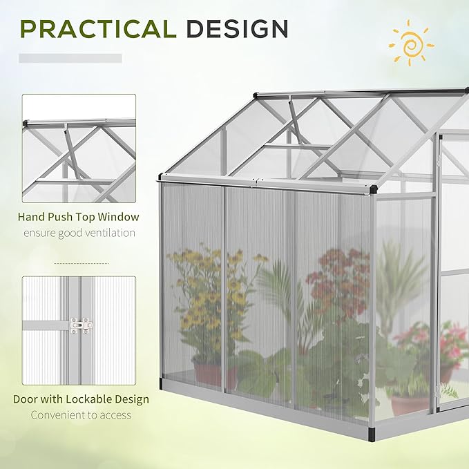 Outsunny 6' x 6' Greenhouse for Outdoors, Polycarbonate Greenhouse with Rain Gutter and Roof Vent, Aluminum Walk-in Green Houses for Outside Patio Backyard Garden