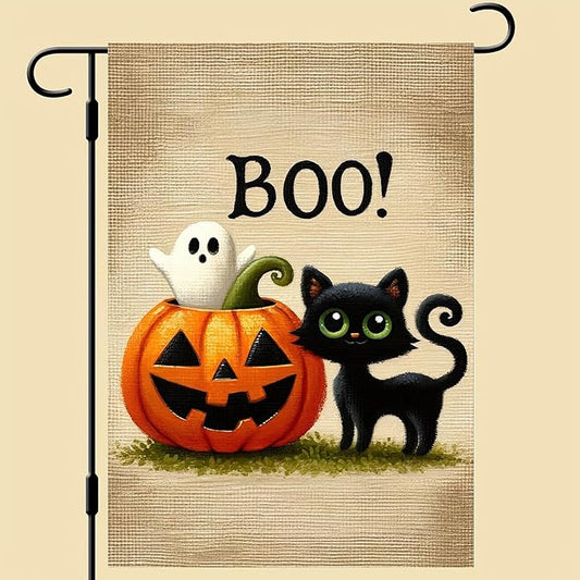 Halloween Garden Flag Ghost Black Cat Gander Flag 12x18 Inch Double Sided Halloween Yard Flag Holiday Yard Outdoor Decoration