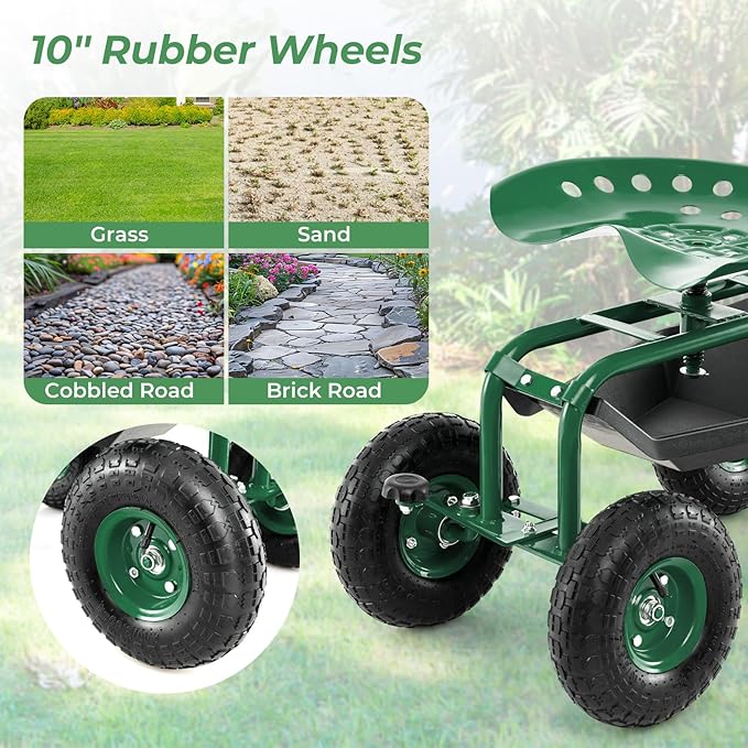 S AFSTAR Rolling Garden Cart, Wagon Scooter with 360° Swivel Seat, Storage Tray, Basket & Rubber Wheels, Heavy-Duty Gardening Tool Cart for Weeding, Patio & Yard (Green)