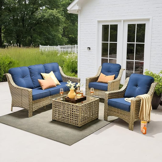 4 Pieces Patio Outdoor Furniture Set,All Weather Wicker Rattan Patio Seating Sofa and Chair Set w/ 3-Seater Sofa and Glowing Coffee Table,Outdoor Conversation Sets for Deck Yard Garden,Navy Blue