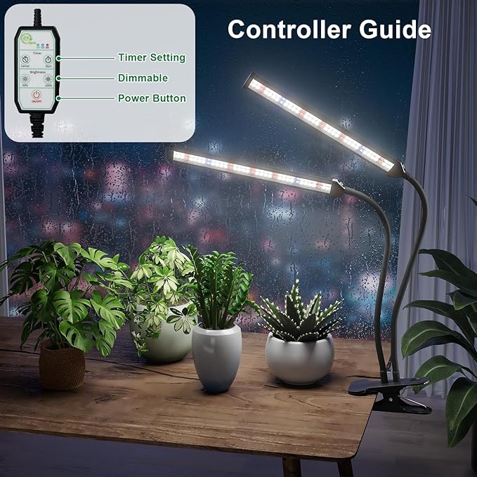 GooingTop Grow Light LED Gooseneck Lamp,Dual-Head White Full Spectrum 148 LED Plant Lamp with Red Blue Light Clip-on Desk for Indoor Plants Growing,Diming & Auto Timer