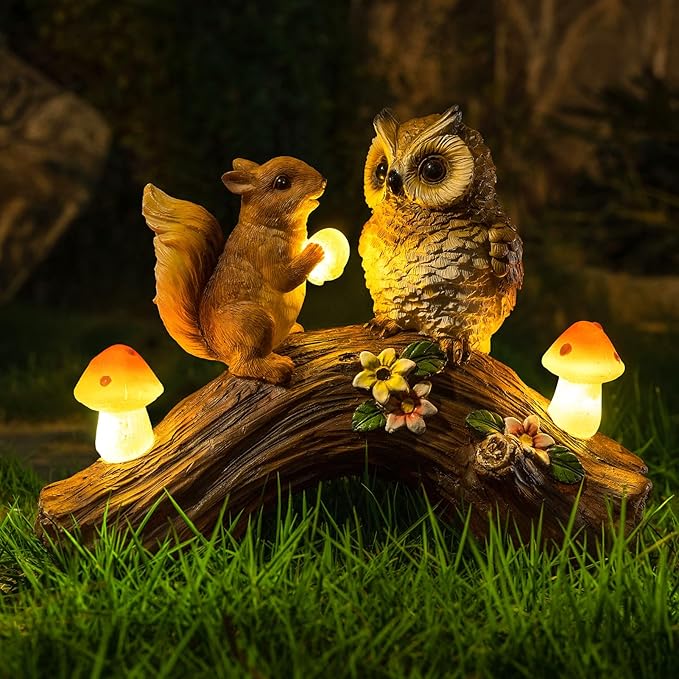 Solar Owl Garden Statues Outdoor Decor Resin Owl Squirrel Figurine with Mushroom Lights for Patio Lawn Yard Decorations Halloween Christmas Housewarming Gardening Gifts for Women Mom