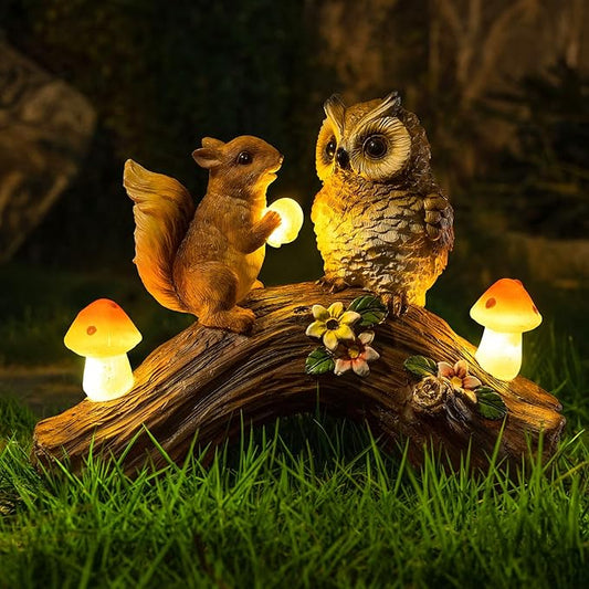 Solar Owl Garden Statues Outdoor Decor Resin Owl Squirrel Figurine with Mushroom Lights for Patio Lawn Yard Decorations Halloween Christmas Housewarming Gardening Gifts for Women Mom