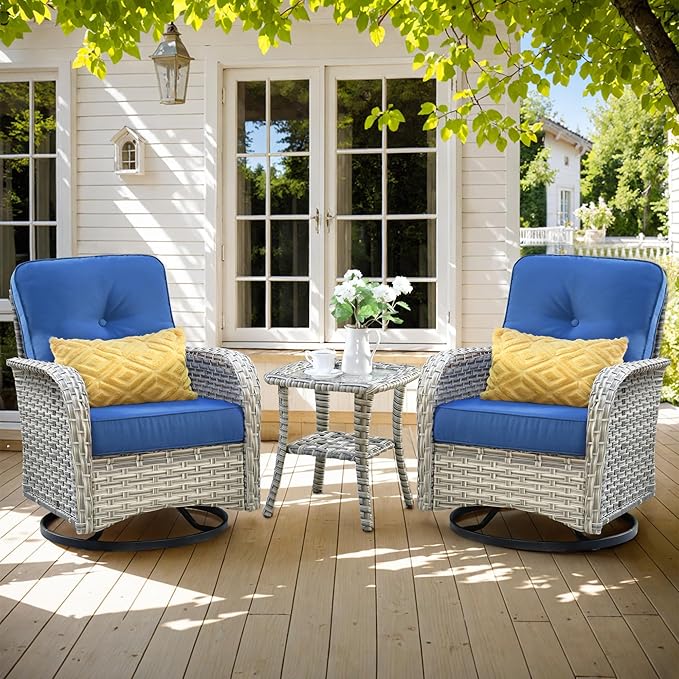 HOOOWOOO Outdoor Patio Bistro Set,3 Pieces Wicker Out Door Swivel Rocking Chair with Matching Side Table,Patio Furniture Sets,Navy Blue