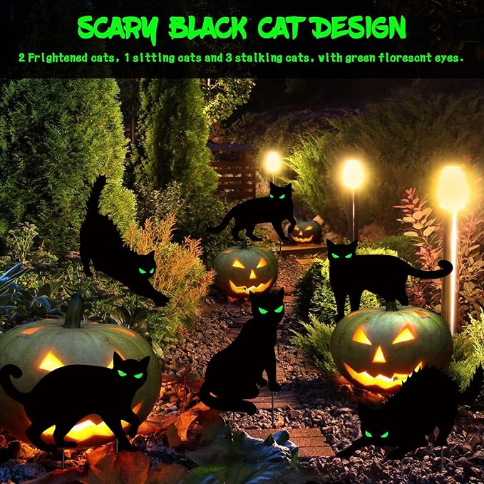 6 PCS Halloween Black Cat Yard Signs with Glow in Dark Eyes, Scary Silhouette Lawn Sign with Stakes, Halloween Decorations for Outdoor Yard Lawn Garden