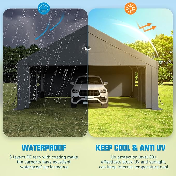 20x20 Carport, Heavy Duty Carport Canopy Garage with Removable Sidewalls and Drive Through Roll Up Zipper Doors, Grey