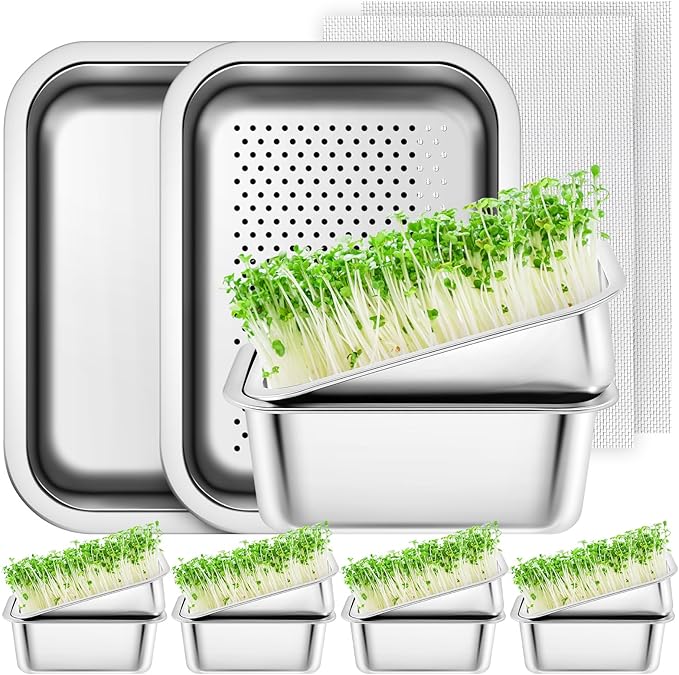 Vesici 4 Pack Sprouting Tray Kit, Stainless Steel Soil Free Cultivation Germination Tray, Wheatgrass Growing Container, Seed Sprouting Container Kit for Indoors Plant Seed Beans Broccoli Arugula