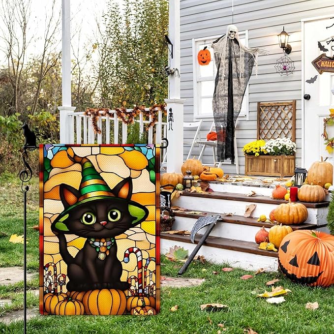 Wizard Cat Garden Flag Halloween Cute Black Cat Stained Glass Style Small Flag for Outside Pumpkin Burlap Double Sided Welcome Yard Lawn Decor 12.5x18"