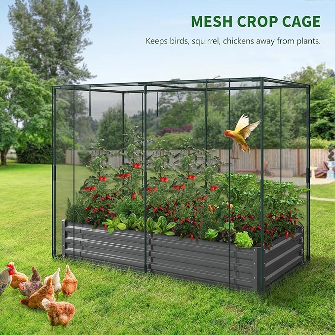 Galvanized Raised Garden Bed with Crop Cage Plant Protection Net Tent Kit for Garden Plant, 74"x37.4"x 59" Plants Protection Tent Cage Metal Planter Box Bottomless Planting Vegetables Outdoor