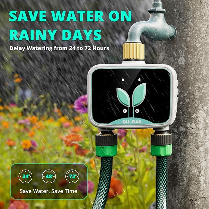 QUOBAS WiFi Sprinkler Timer with Brass Inlet & Outlet, 2-Zone Smart Water Timer for Garden Hose with APP Remote Control, Manual Watering, Rain Delay Watering, for Lawn, Garden