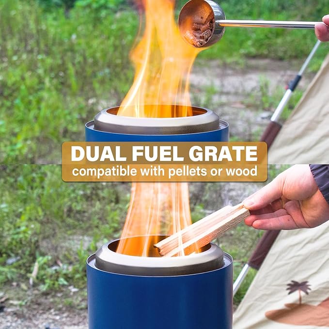 HGD 9.6 x 7.1 in Small Tabletop Fire Pit, Portable Mini Smokeless Table Top Firepit, Low Smoke Camping Stove for Outdoor & Patio, Fueled by Pellets or Wood, with Travel Bag, Stainless Steel, Blue