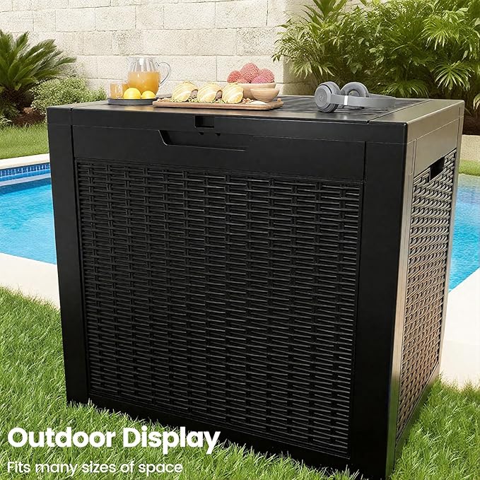 31 Gallon Outdoor Storage Box - Waterproof Resin Rattan Deck Bin for Indoor & Outdoor Use - Lockable & UV Resistant - Ideal for Package Delivery, Patio Cushions & Gardening Tools, Black
