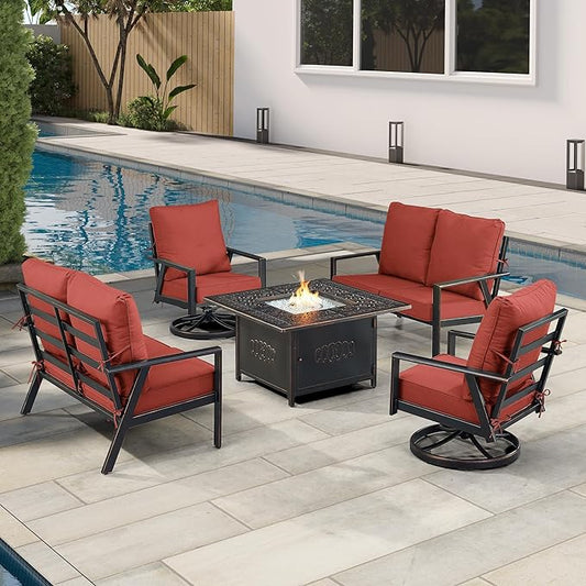 Oakland Living Black Aluminum Patio Fire Table Set with Two Deep Seating Loveseat with Cushions and Two Club Chairs with Red Cushions