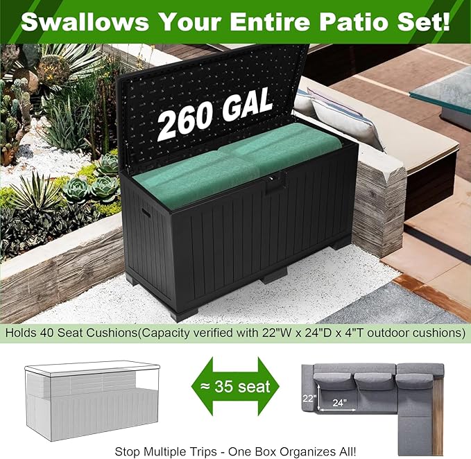 260 Gallon Outdoor Storage Box Waterproof, Extra Large Plastic Outside Deck Box Weatherproof, Resin Patio Storage Bin with Lock and Lids for Pool Equipment, Cushion