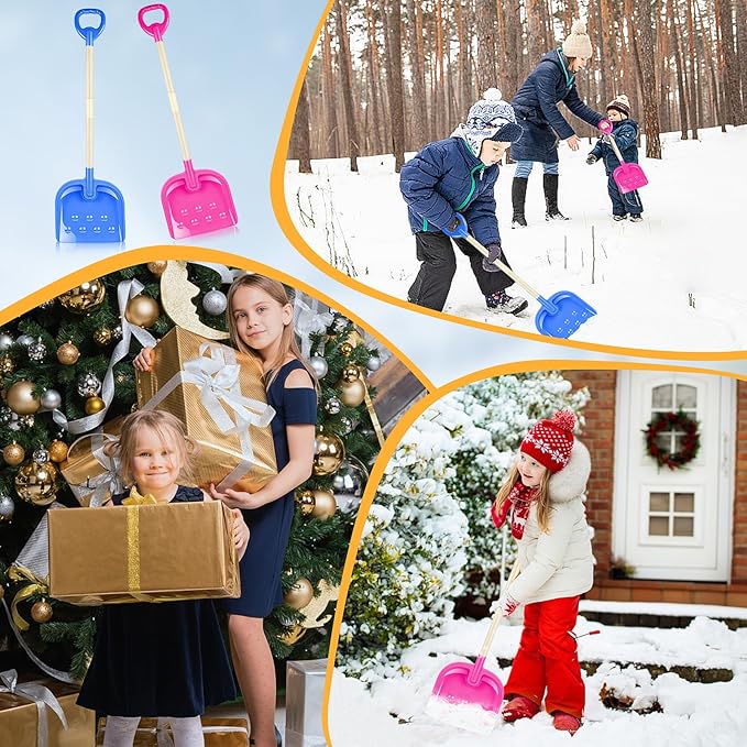 2PCS Kids Snow Shovel, 32" H Detachable Wooden Childs Snow Shovel with Plastic D-Grip Handle and Scoop Winter Children Shovel Blue Pink Toddler Shovel Outdoor Play Snow Gift for Boy Girl Snow Removal