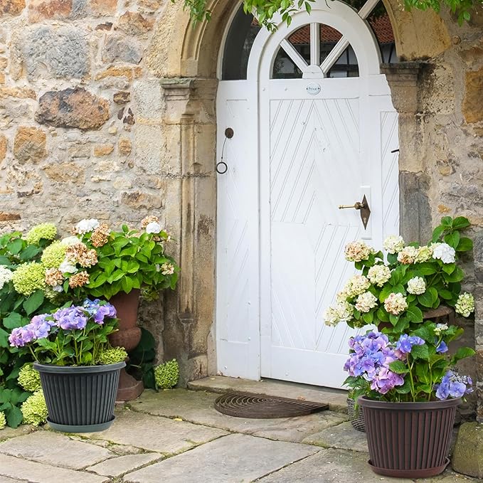 12 inch Plant Pots Indoor Outdoor, 4 Pack Large Planter, Plastic Flower Pots with Saucer and Drainage Holes, Modern Decorative Resin Garden Pots for House Plants