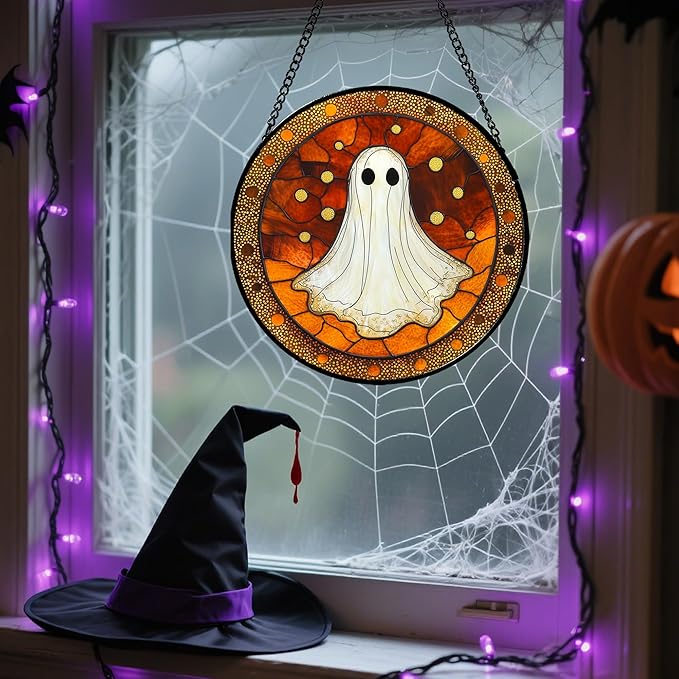 Stained Glass Window Hanging - Halloween Decorations White Ghost Suncatcher for Doors Garden Indoor Spooky Funny Orange Sun Catchers Gothic Decor Horror Gifts for Women Men Friend 11.8 in