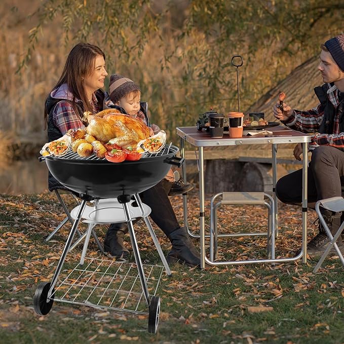 Ayiusedeza charcoal grill, kettle charcoal grill, 22.5-inch black 7-piece set, perfect for outdoor cooking in yards, hiking, and camping (227 piece set)