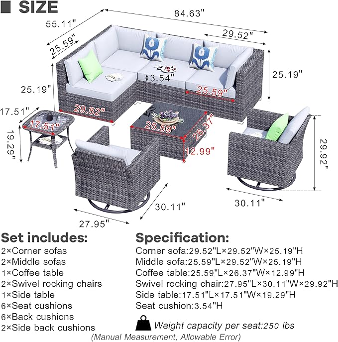 HOOOWOOO 8 Piece Patio Sectional Furniture Set with Swivel Rocking Chairs,Modern Wicker Outdoor Conversation Sofa Sets,Weather Resistant Modular L Shaped Outside Couch Set(Navy Blue)