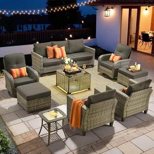 HOOOWOOO Outdoor Patio Furniture Set,9 Pieces Wicker Conversation Set,All Weather Couch Set with Swivel Chairs Solar Light Table Ottoman 9 Seaters for Out Door Yard(Black)