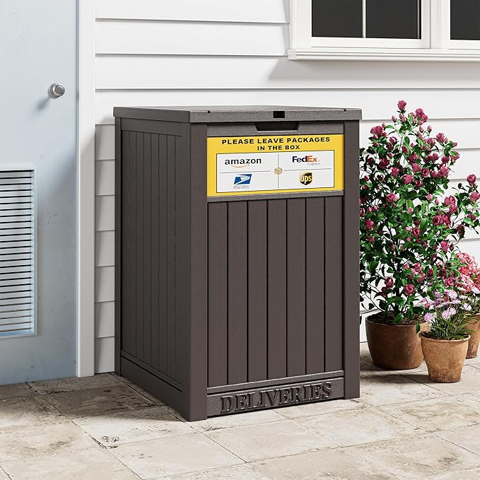 49 Gallon Package Delivery Boxes for Outside, Outside Storage Box Waterproof with Sign, Lockable Storage Box, Large Double-Walled Resin Weatherproof Deck Box for Porch and Patio, Brown