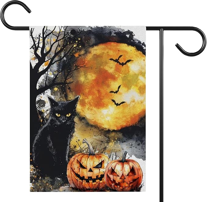Black Cat Halloween Garden Flag for Outside, 12x18 Inch Double Sided Halloween Black Cat Pumpkin Bats Yard Flag, Farmhouse Small Yard Flags for Outdoor Decorations, Holiday Decor Gifts-A15