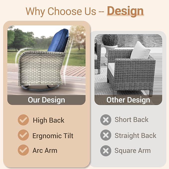 HOOOWOOO Outdoor Patio Bistro Set,3 Pieces Wicker Out Door Swivel Rocking Chair with Matching Side Table,Patio Furniture Sets,Navy Blue