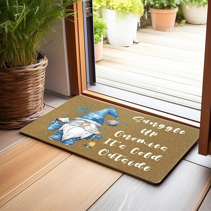 Blue Winter Gnome Faux Coir Door Mats Outdoor, Christmas Gnome Door Mat for Home Outside Entryway, Holiday Winter Christmas Welcome Doormat for Indoor Outdoor Porch Entrance, 17x30 Inch
