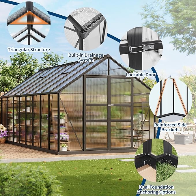 Greenhouses, 8×16 FT Greenhouse, Easy Assembly Aluminum Polycarbonate Greenhouses for Outdoors with Roof Vent, Large Aluminum Walk-in Greenhouse for Patio, Backyard, Garden, Lockable Hinged Door