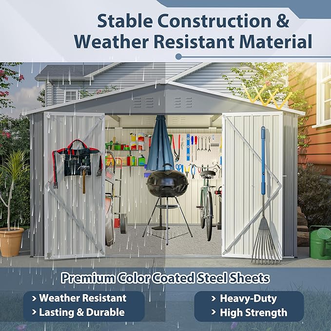 10X8 FT Outdoor Storage Shed, All Weather Metal Sheds with Lockable Doors, Tool Shed for Garden, Patio, Backyard, Lawn (Grey, 10x8ft)