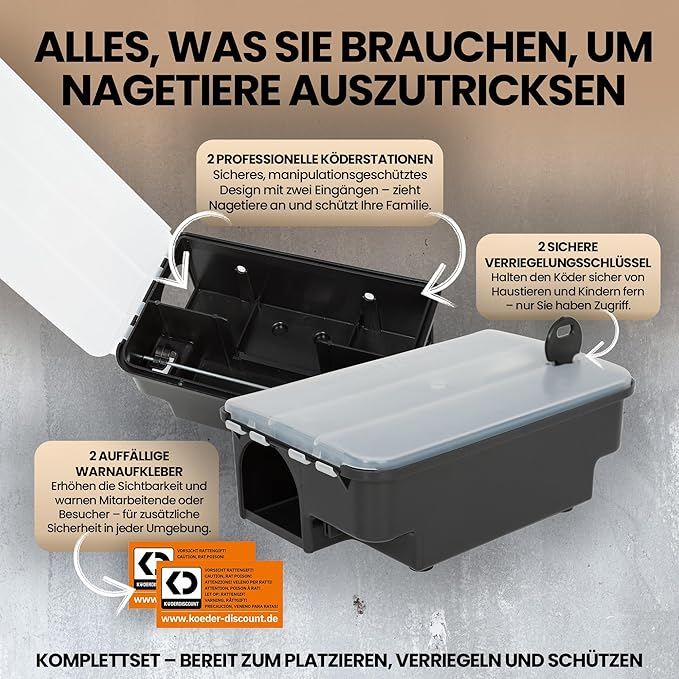 Köder-Discount Mouse & Rat Bait Station (Bait Not Included) – 2 Lockable Rat Bait Stations with Clear Lid & Dual Entry – Weather-Resistant, Tamper-Proof Rodent Trap (8.7 x 5.5 x 3.1)