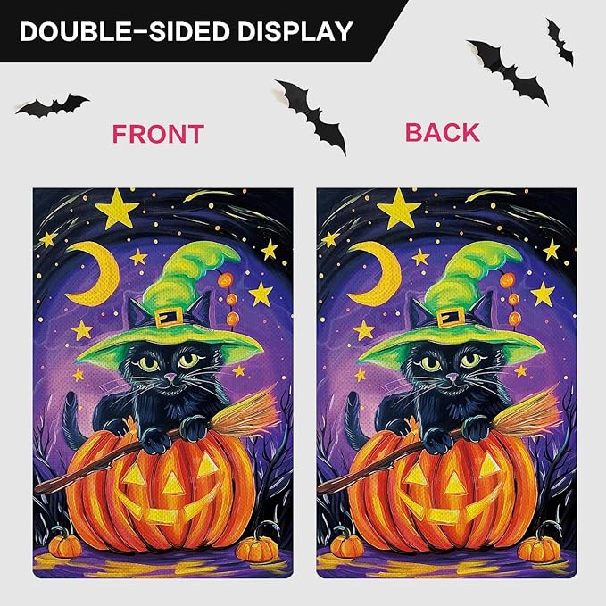 Happy Halloween Garden Flag Black Witch Cat Flag Moonlight Ghost Pumpkin Vertical Double Sided Rustic Farmland Burlap Yard Lawn Outdoor Decor 12.5x18"