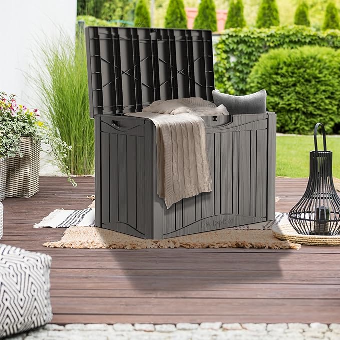 50GAL Brown Deck Box with Special Pattern and Lock Hole - Waterproof, SGS - Approved UV Resistance, Stylish Storage for Outdoor Cushions and Decor, Effortless Assembly Process