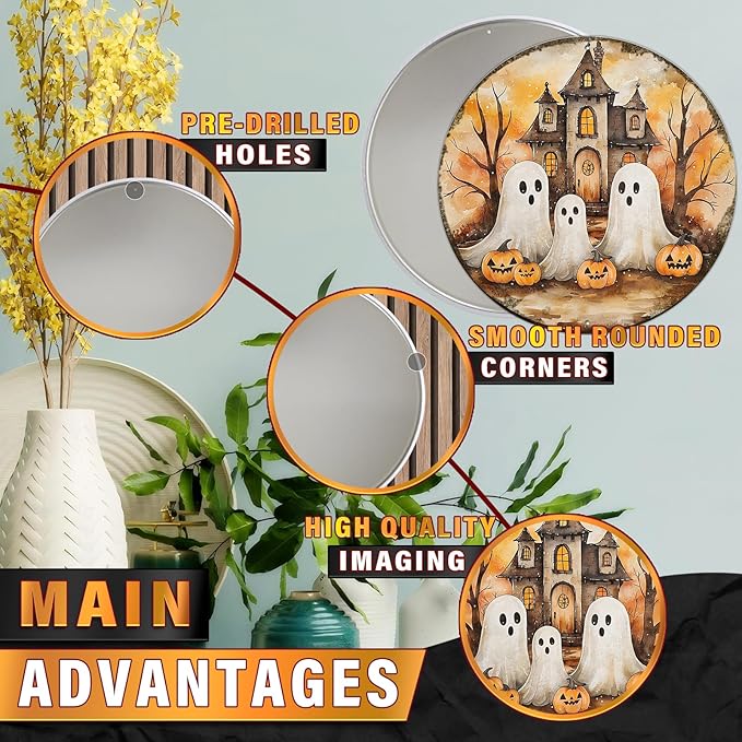 PEACHGARDEN Round Cute Ghost Halloween Vintage Sign Halloween Pumpkin Metal Tin Sign for Home Bar Kitchen Hotel Dining Room Coffee 12x12inch