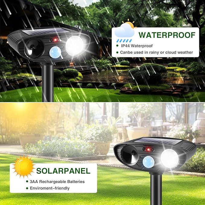 2Pack Solar Ultrasonic Animal Repellent Cat Deterrent Outdoor Solar Animal Repeller with Motion Sensor&LED Strobe Light Deer Repellent to Scare Squirrel Dog Bird Rabbit Skunk Fox Raccoon