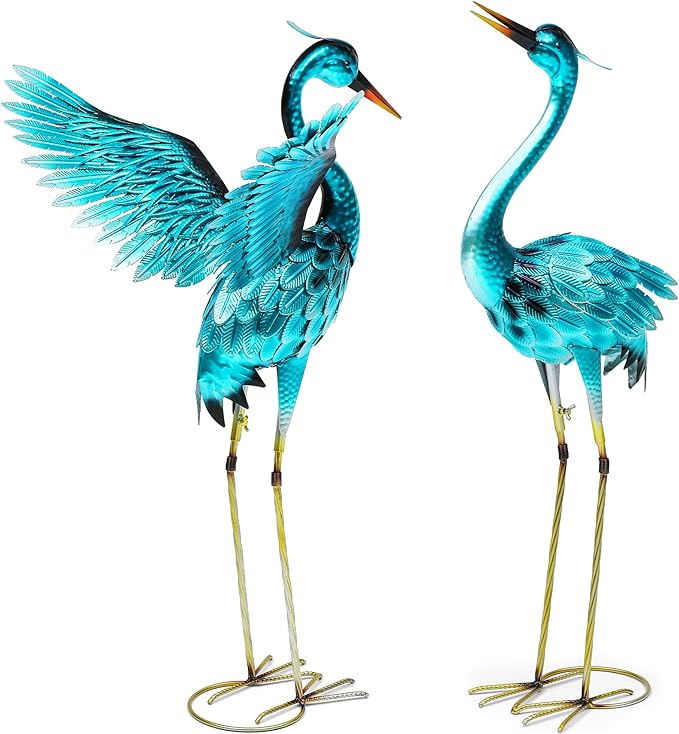 Autodaya 36.75" Metal Crane Garden Statue, Handcrafted Oversized Blue Heron Decor Sculptures with Stable U-Ground Stakes, Backyard Decoration, Metal Garden Bird Animal Yard Art, Lawn Ornament Decor