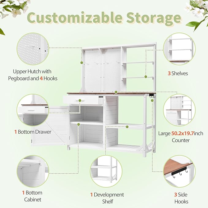 Fir Wood Potting Bench with Hutch - Outdoor Garden Workstation with 4 Shelves, Drawer & Adjustable Storage, 50.2" Countertop, & Pegboard (White + Wood + Rustic)