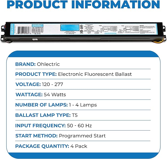 OHLECTRIC Replacement for ICN-4S54-90C-2LS-G (4 Pack) 4 Lamp T5 Fluorescent Electronic Ballast - 120-277 Volt - Instant Start - Standard and Energy Efficient Ballasts, UL Approved