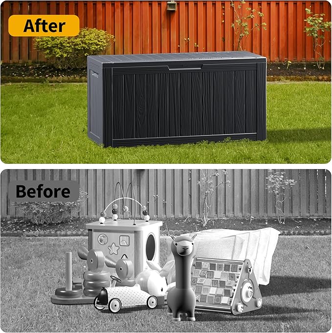 80GAL Black Outdoor Deck Box with Lockable Lid - Waterproof, SGS - Tested UV Resistance, Offers Ample Space for Patio Cushions, Pool Accessories, and Gardening Supplies, Simple Assembly Process